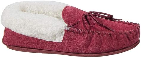 Womens Ladies Moccasin Slippers Red Leather Suede Laced Warm Lined