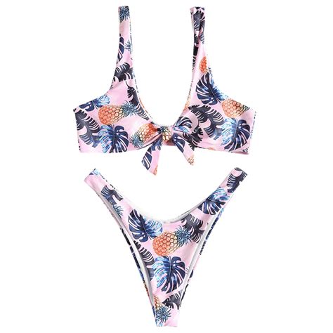 ZAFUL 2019 Pineapple Leaf High Leg Scoop Neck Bikini Set Tropical Print