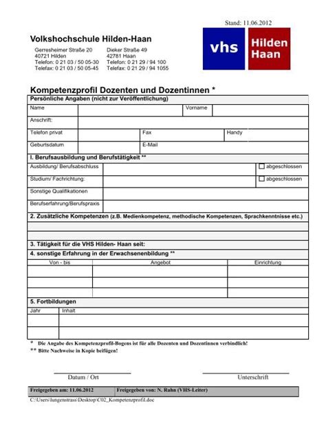 Qualifikationsbogen für Dozenten pdf Format Volkshochschule