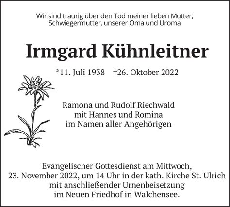 Traueranzeigen Von Irmgard K Hnleitner Trauer Merkur De