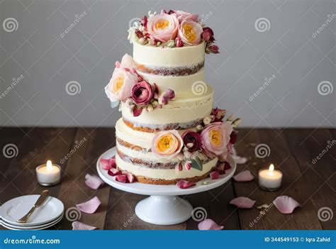 A Beautiful Naked Cake With Buttercream Flowers And Rose Petals On Top
