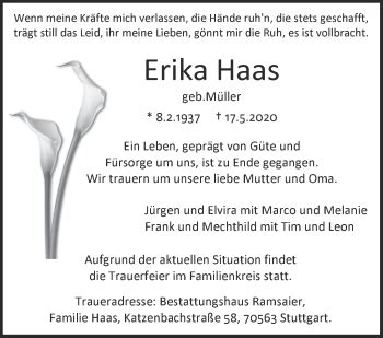 Traueranzeigen Von Erika Haas Stuttgart Gedenkt De