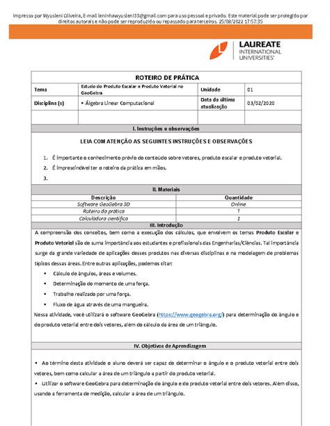 ALC P1 Estudo Do Produto Escalar E Produto Vetorial No Geogebra