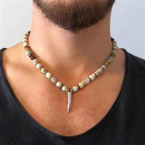 Beaded Necklace For Mens With Tusk Horn Pendant Amazonite And Etsy