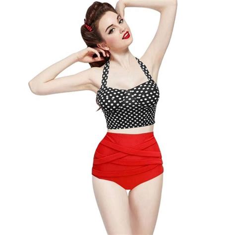 Retro Pinup Rockabilly Dot Vintage Sexy High Waist Bikini Set Swimsuit