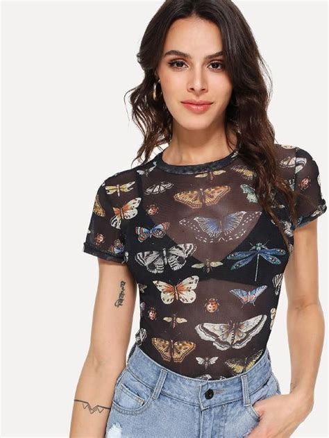 Butterfly Print Sheer Bodysuit Without Bra Set