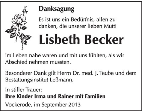 Traueranzeigen Von Lisbeth Becker Abschied Nehmen De