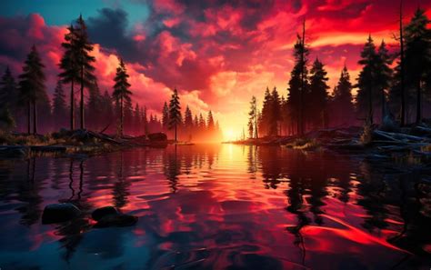 Premium AI Image | beautiful scenery at sunset with trees in a lake