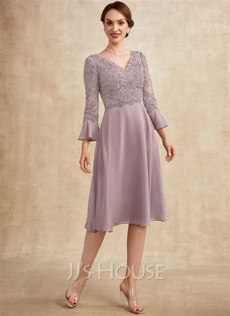 A Line V Neck Knee Length Chiffon Lace Mother Of The Bride Dress With