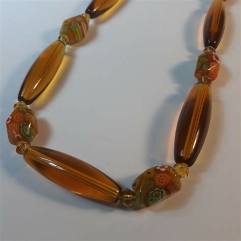 Vintage Amber Millefiori Art Glass Necklace Barrel Gem