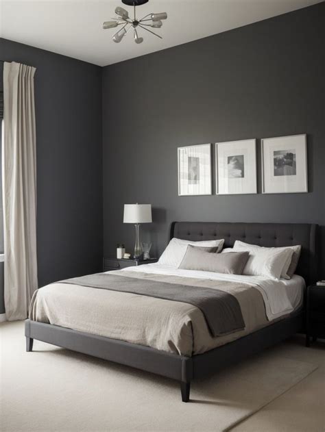 A Bedroom With Gray Walls And White Bedding In The Center Along With