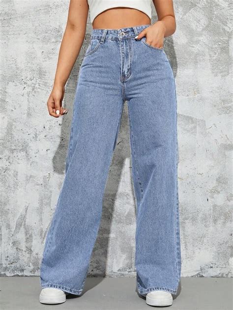 Pantalones Vaqueros Con Bolsillos Para Mujer Shein En Ropa