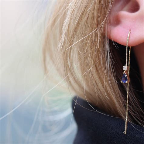 Gold Sapphire Drop Earrings 14K Gold Threader Earrings Etsy