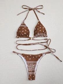 Paisley Triangle Halter Thong Bikini Swimsuit SHEIN USA