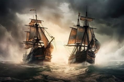 Battle of Two Pirate Ships in the Stormy Sea, with Cannon Fire and ...