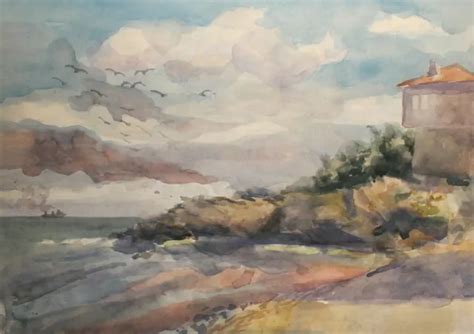 Aquarelle Expressionniste Paysage Bord De Mer Eur Picclick Fr