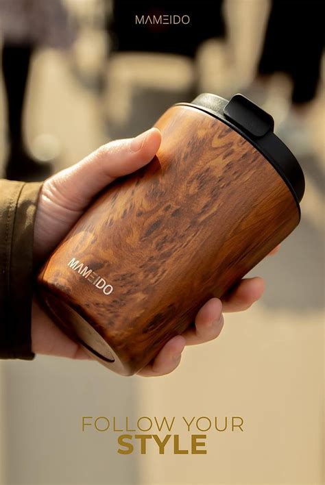 MAMEIDO Thermosbeker 350ml Oak Wood Koffiemok Gemaakt Van Roestvrij