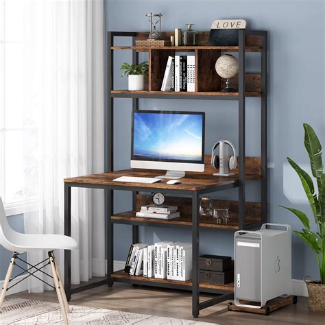 Tribesigns Computer Desk with Hutch, Industrial Office Desk Workstation with Storage Shelves and ...