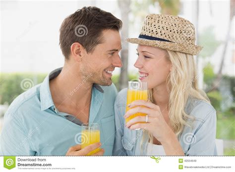 Hip Young Couple Drinking Orange Juice Together Stock Image Image Of