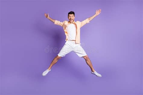 Full Size Photo Of Hooray Brunet Guy Jump Wear Peach Shirt Shorts