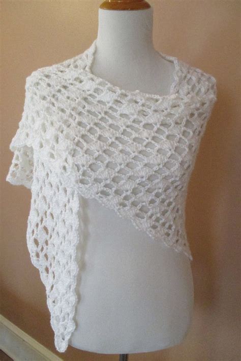 Crocheted White Shawl Trellis And Shell Pattern Triangular White Crochet White Shawl