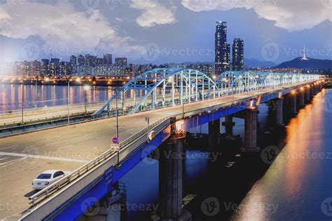 South Korea bridge at night overlooking Seoul Tower. 13186116 Stock ...