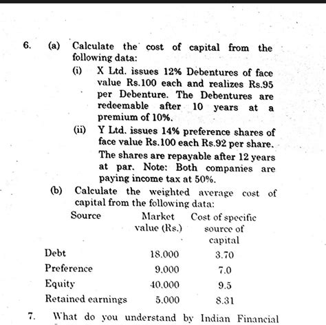 6 A Calculate The Cost Of Capital From The Following Data I X Ltd