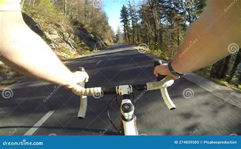 Road Cyclist POV Male Road Cyclist Riding His Bicycle Downhill On A