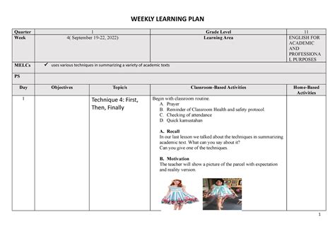 WLP WEEK4 Q1 WEEKLY LEARNING PLAN Quarter 1 Grade Level 11 Week 4