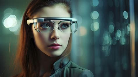 Premium Photo Woman Wearing Future Smart Glasses On A Hightech Backdrop Generative Ai