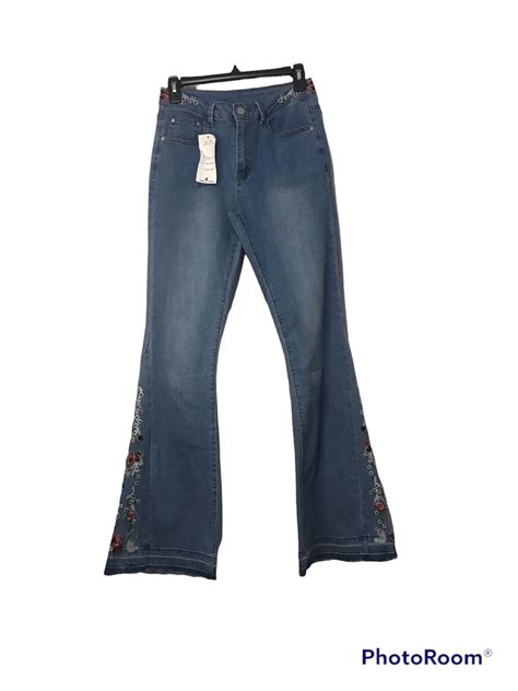 Womens Chic Floral Embroidered High Rise Bell Bottom Flare Jeans Ebay