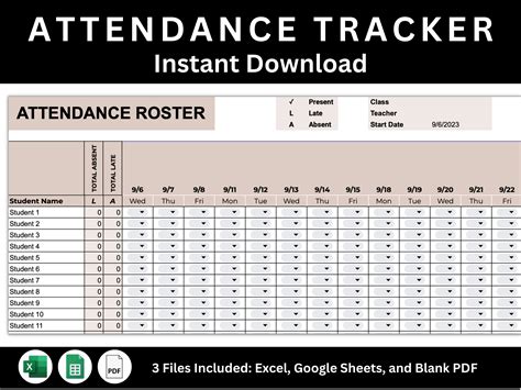 Attendance Sheet Template Google Sheets, Excel Template, Printable PDF, Attendance Chart ...