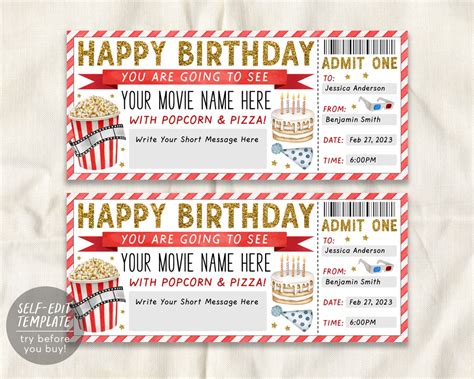 Movie Ticket Birthday Invitation Editable Template, Surprise Movie Night Gift Certificate ...