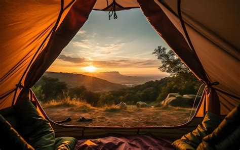 Premium AI Image | View of the serene landscape from inside a tent ...