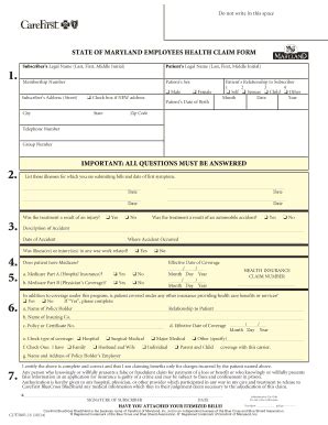 Fillable Online State Of Maryland Employees Carefirst Health Claim Form