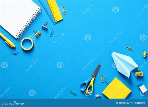 School Supplies On Blue Background Flat Lay Top View Stock Image