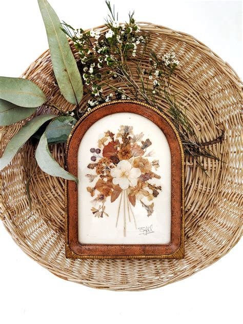 Professionally Framed Pressed Flowers Elegantly Mounted In An Arched Gold Edged Wooden Frame