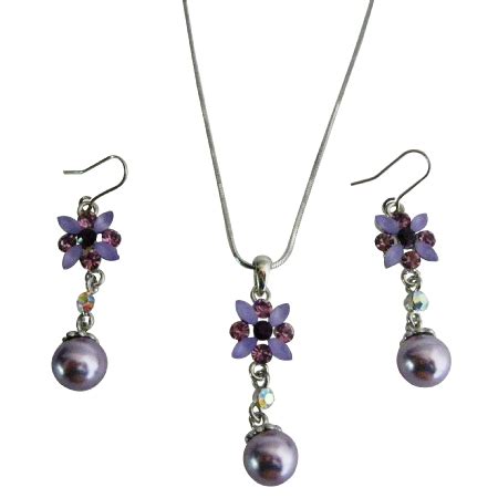 Purple Amethyst Wedding Jewelry Set Purple Enamel Flower Necklace Set W