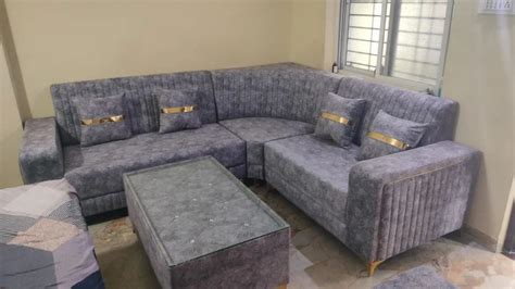 4 Seater Velvet Wooden Dark Grey L Shape Corner Sofa Set Without