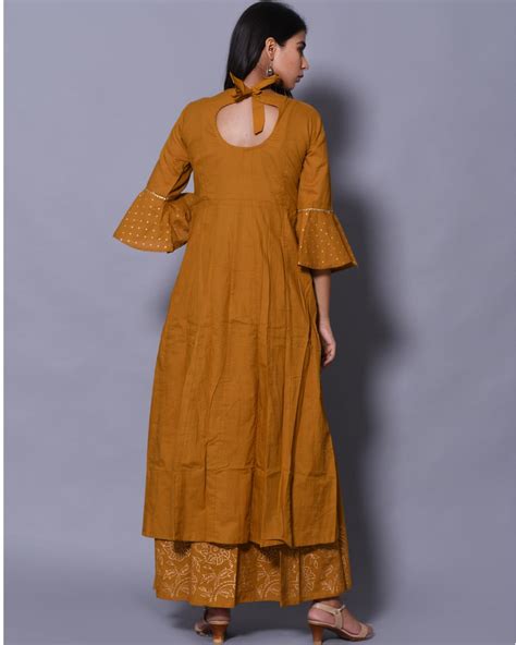 Mustard Floral Handblock Printed Kurta And Palazzo Set Of Two By