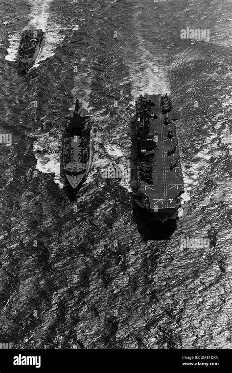 An Aerial Bow View Of The Fleet Oiler Uss Platte Ao 186 Center Participating In An Underway