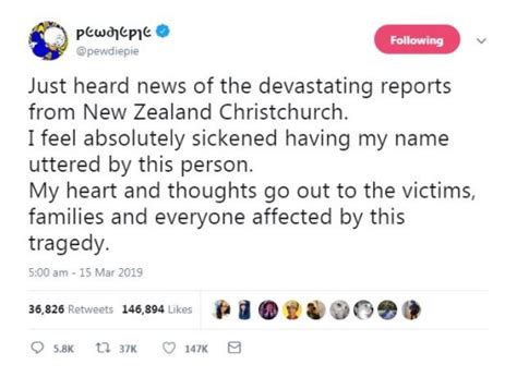 Christchurch Shooting Pewdiepie Sickened By Suspected Shooter Saying