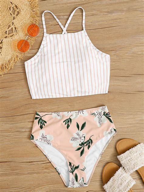 Stripe Floral High Waist Bikini Swimsuit ROMWE Roupa De Praia Moda