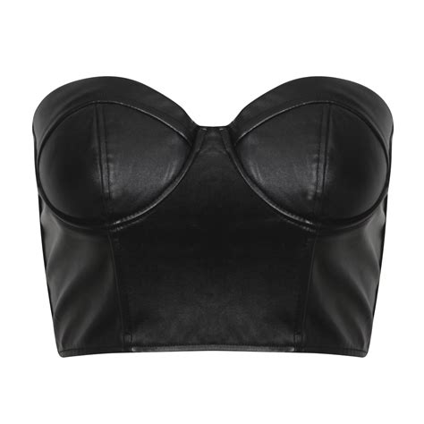 New Womens Black Pu Leather Panel Front Bralet Crop Top Strapless