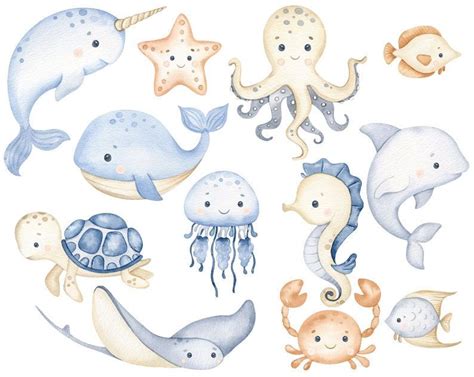 Undersea Watercolor Clipart Nursery Decor Baby Wall Art Etsy