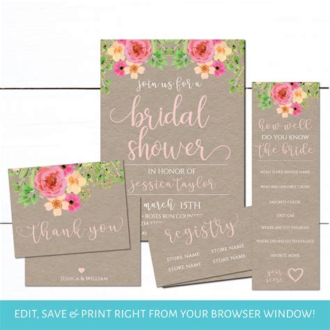 Floral Kraft Bridal Shower Invitation Set | Bridal Shower Invitation – Taylor George Designs