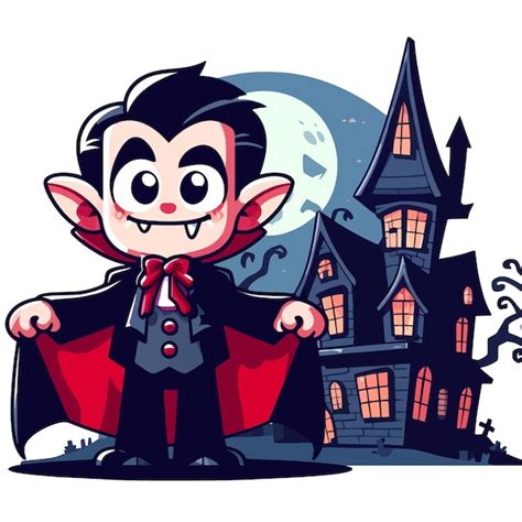 Ilustración de un gracioso personaje de Drácula de pie frente a una