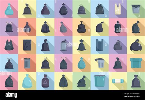 Bag For Trash Icons Set Flat Vector Food Garbage Dirty Dustbin Stock