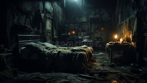 A Night Scene of a Spooky Bedroom Interior in a Haunted House Stock ...