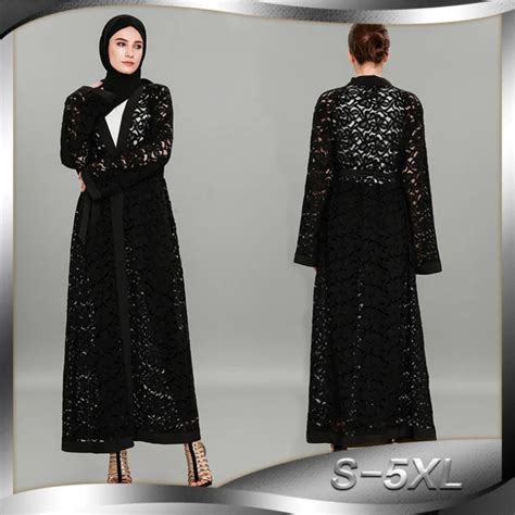 Muslim Black Abaya Cardigan Lace Maxi Dress Hollow Out Long Robe Gowns